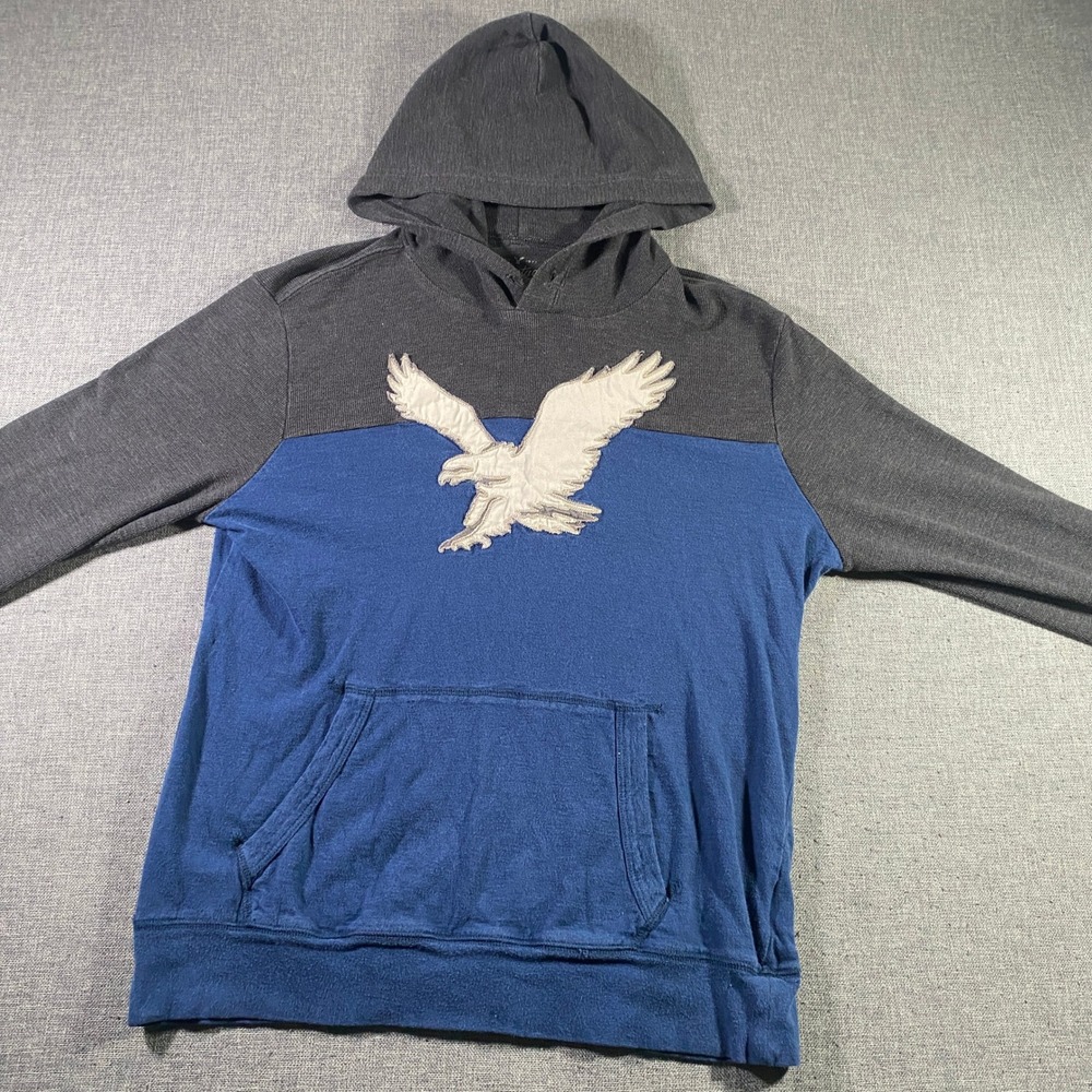 American Eagle Heritage Thermal Hoodie Mens Small Gray Blue Eagle Logo